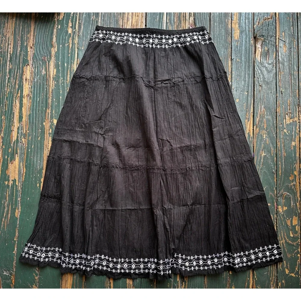 Y2K West End Womens Black Cotton Tiered Maxi Skirt Embroidered Mirror Boho Large